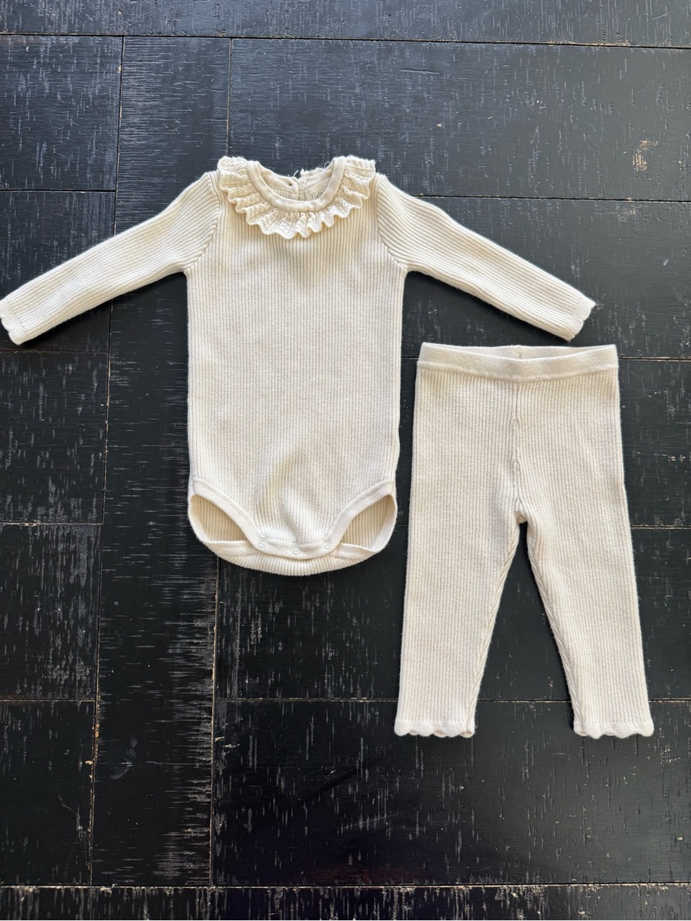 Rylee + Cru Cream Ribbed Ruffle-Collar One-Piece and Pants Set
